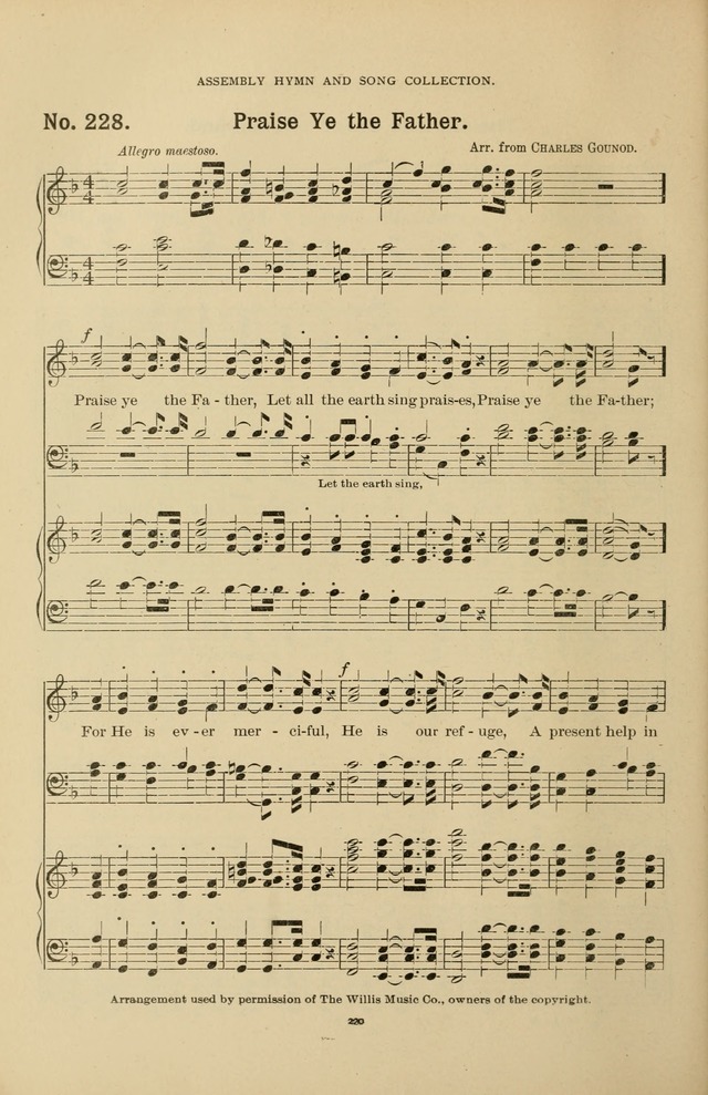 The Assembly Hymn and Song Collection: designed for use in chapel, assembly, convocation, or general exercises of schools, normals, colleges and universities. (3rd ed.) page 220