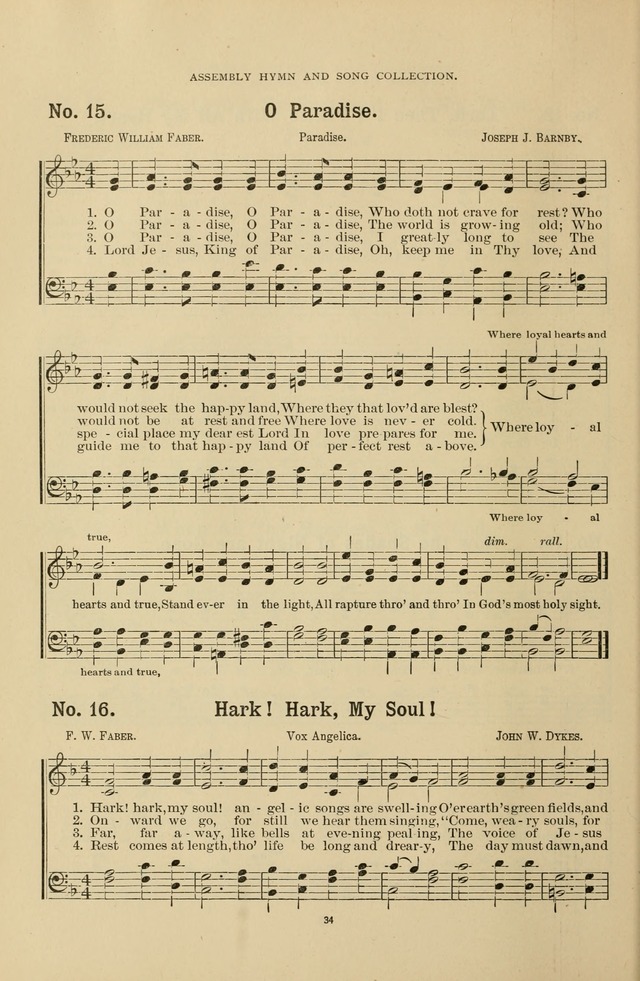 The Assembly Hymn and Song Collection: designed for use in chapel, assembly, convocation, or general exercises of schools, normals, colleges and universities. (3rd ed.) page 34