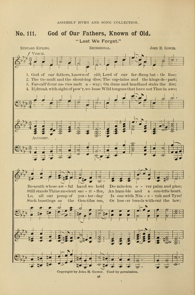 The Assembly Hymn and Song Collection: designed for use in chapel, assembly, convocation, or general exercises of schools, normals, colleges and universities. (3rd ed.) page 98