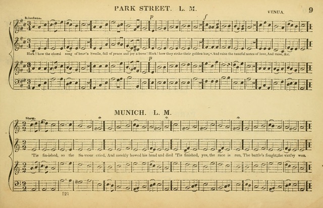 The American Vocalist: a selection of tunes, anthems, sentences, and hymns, old and new: designed for the church, the vestry, or the parlor; adapted to every variety of metre in common use. (Rev. ed.) page 9