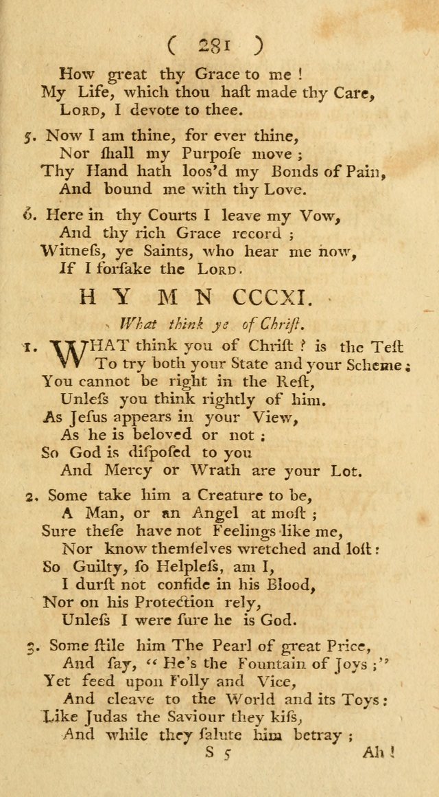 The Christians Duty, exhibited, in a series of Hymns: collected from various authors, designed for the worship of God, and for the edification of Christians (1st Ed.) page 281