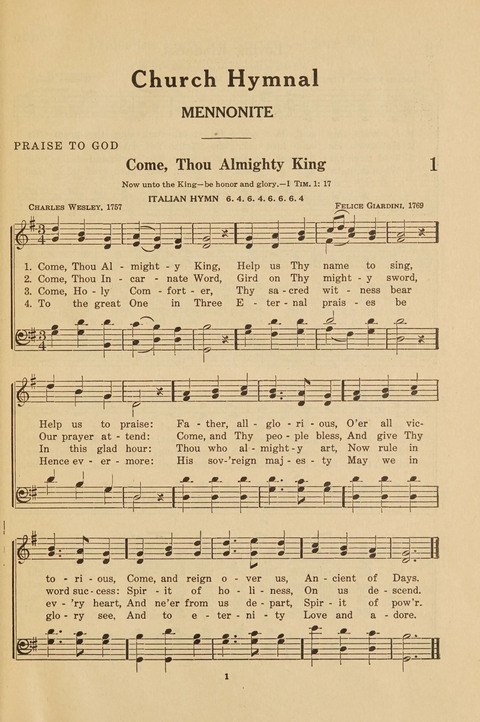 Church Hymnal, Mennonite: a collection of hymns and sacred songs suitable for use in public worship, worship in the home, and all general occasions (1st ed. ) [with Deutscher Anhang] page 1