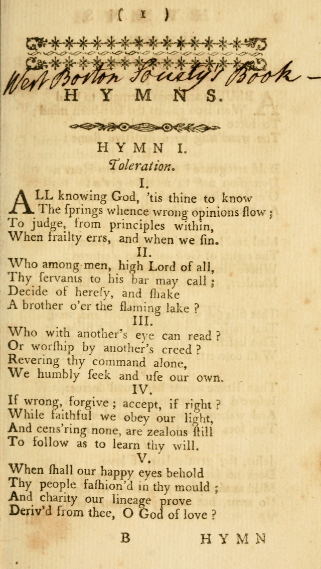 A Collection of Hymns, More Particularly Designed for the Use of the  West Society in Boston. (2nd ed. with Additions) page 1