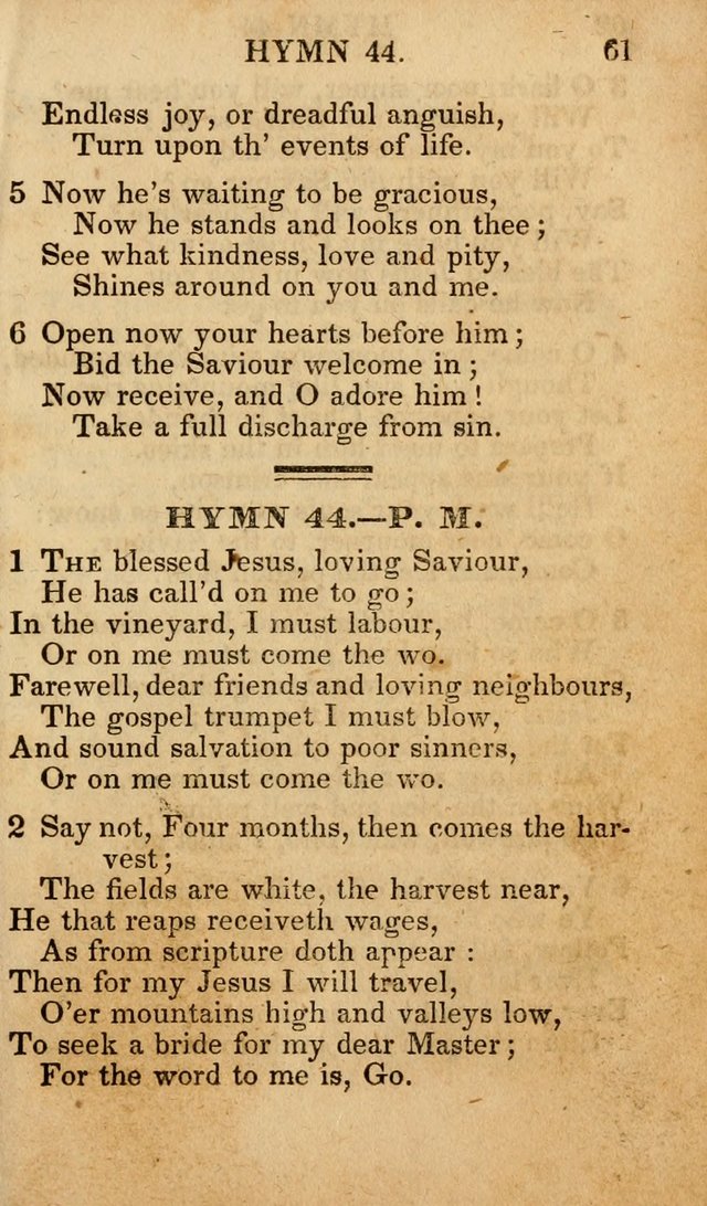 The New and Improved Camp Meeting Hymn Book; being a choice selection of hymns from the most approved authors designed to aid in the public and private devotion of Christians (4th ed. Stereotype) page 61