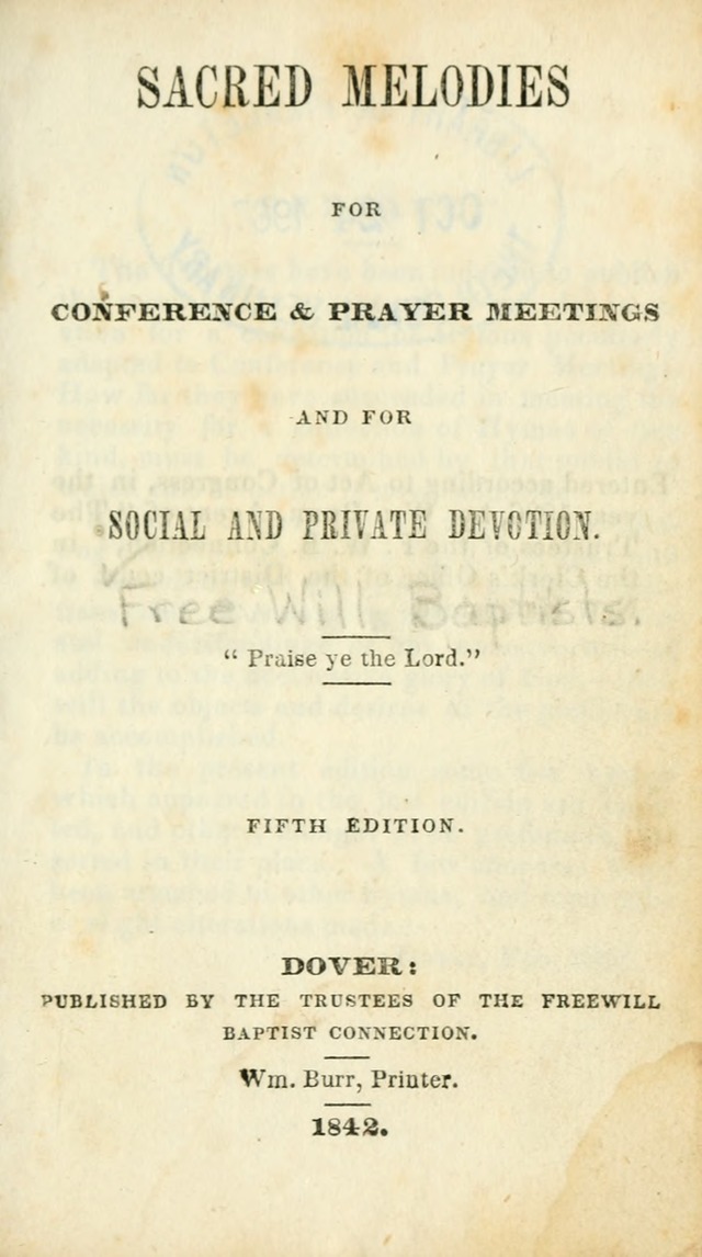 Sacred Melodies: for conference and prayer meetings and for social and private devotion (5th ed.) page 1