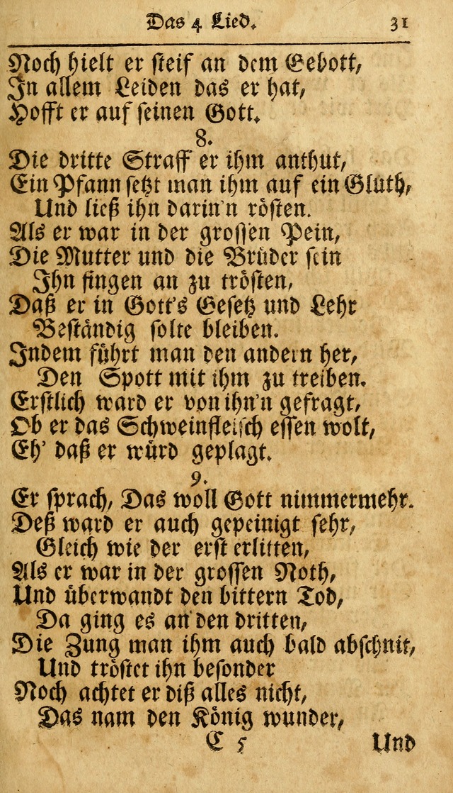 Ausbund, das ist Etliche Schöne Christliche Lieder wie sie in dem Gefängnüss zu Bassau in dem Schloß von den Schweitzer-Brüdern, und von anderen rechtgläubigen Christen hin und her gedichtet worden... page 31