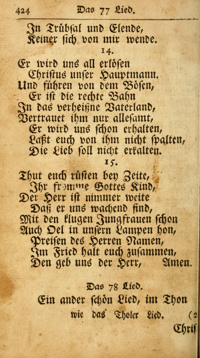 Ausbund, das ist Etliche Schöne Christliche Lieder wie sie in dem Gefängnüss zu Bassau in dem Schloß von den Schweitzer-Brüdern, und von anderen rechtgläubigen Christen hin und her gedichtet worden... page 424