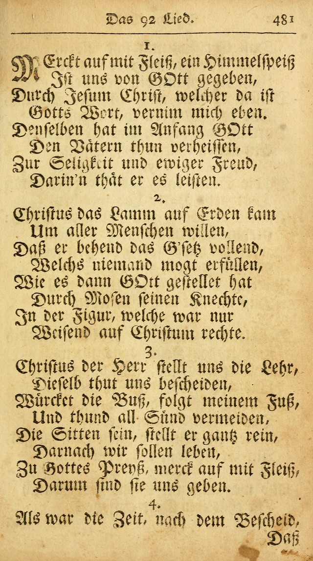 Ausbund, das ist Etliche Schöne Christliche Lieder wie sie in dem Gefängnüss zu Bassau in dem Schloß von den Schweitzer-Brüdern, und von anderen rechtgläubigen Christen hin und her gedichtet worden... page 481