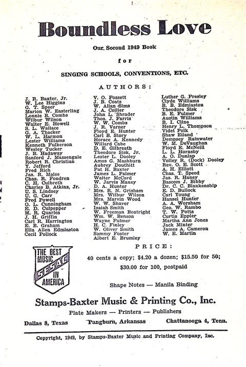 Boundless Love: our second 1949 book for singing schools, conventions, etc. page ii
