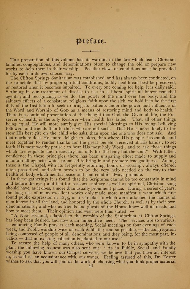 The Clifton Chapel Collection of "Psalms, Hymns, and Spiritual Songs": for public, social and family worship and private devotions at the Sanitarium, Clifton Springs, N. Y. page vii