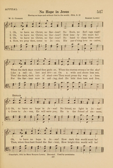 Church Hymnal, Mennonite: a collection of hymns and sacred songs suitable for use in public worship, worship in the home, and all general occasions (1st ed. ) [with Deutscher Anhang] page 419