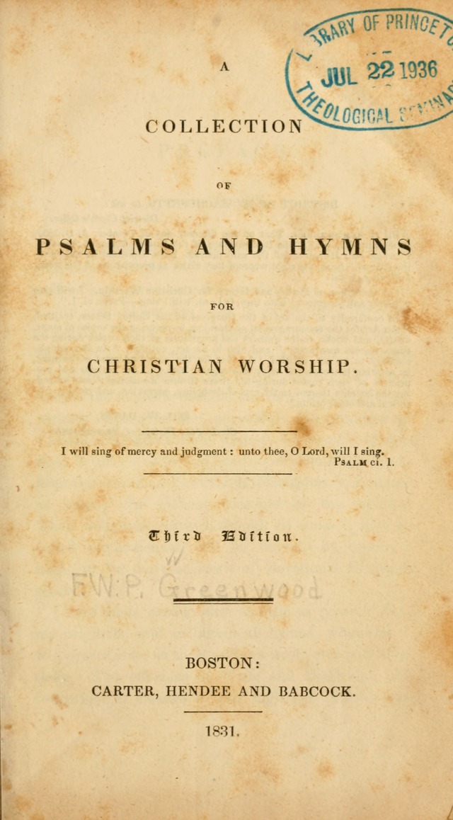 A Collection of Psalms and Hymns for Christian Worship. (3rd ed.) page v