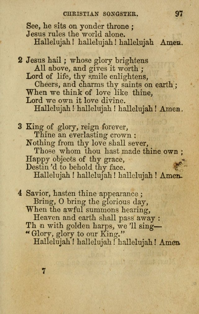 The Christian Songster: a collection of hymns and spiritual songs, usually sung at camp, prayer, and social meetings, and revivals of religion. Designed for all denominations page 104