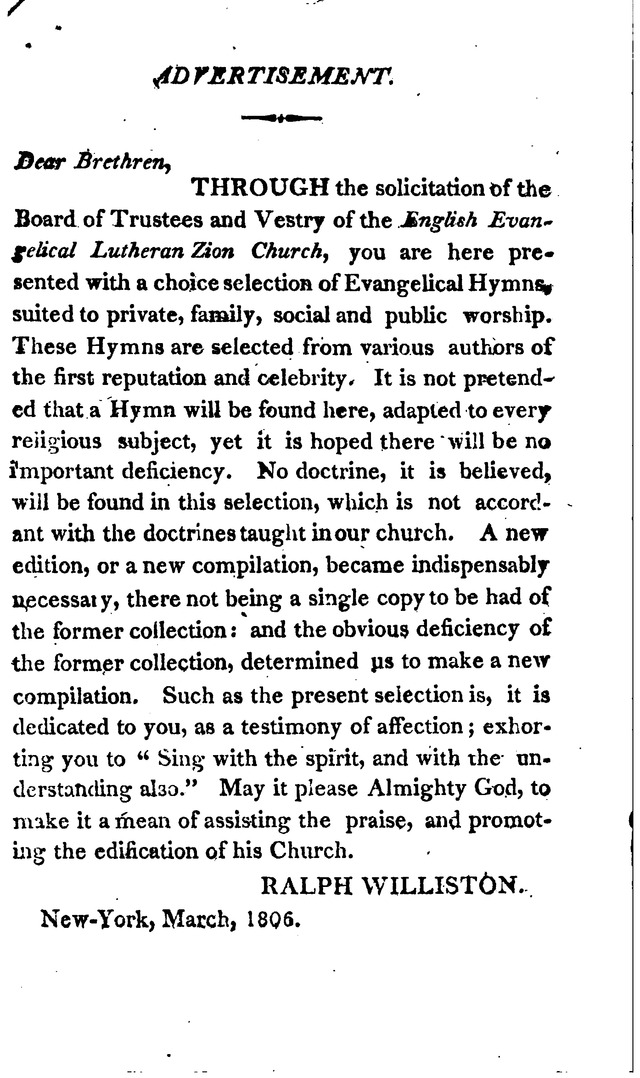 A Choice Selection of Evangelical Hymns, from various authors: for the use of the English Evangelical Lutheran Church in New York page vi