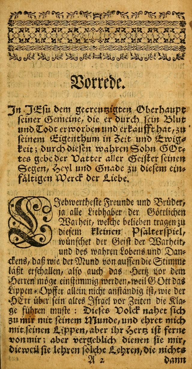Das Kleine Davidische Psalterspiel der Kinder Zions: von alten und neuen auserlesenen Geistes-Gesängen allen wahren heuls-begierigen säuglingen der weisheit, infonderheit aber denen Gemeinden ... page vii