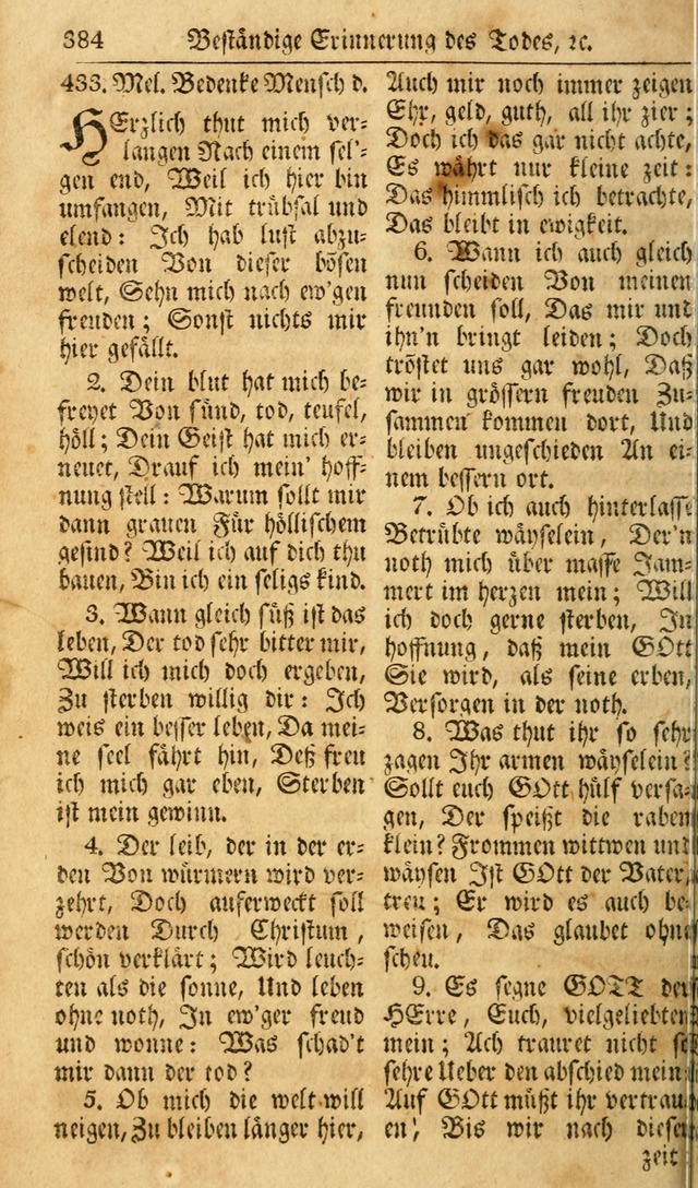 Das Geistliche Saitenspiel: oder, Eine Sammlung auserlesener, erbaulicher, geistreicher Lieder zum Gebrauch aller Gottliebenden Seelen, insonderheit für dei Gemeinen der Evangelischen... (1st Aufl.) page 384