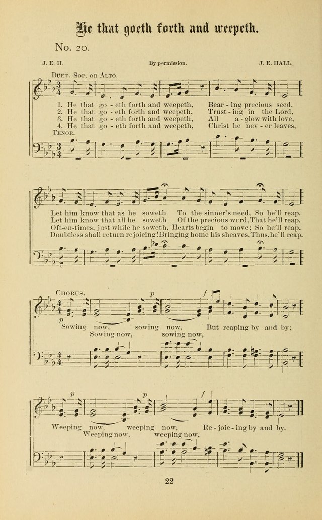 Gospel in Song: a new collection of "hymns and spiritual songs," for use in Sunday schools, praise meetings, prayer meetings, revival meetings, camp meetings and in other places ... page 22