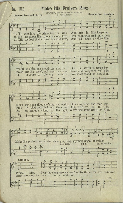 Hosannas: for Sunday Schools, conventions, etc., and generatl use in Christian work and worship page 102