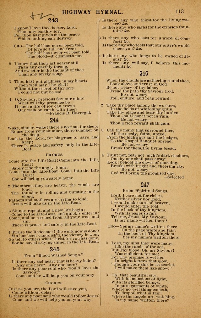The Highway Hymnal: a choice collection of popular hymns and music, new and old. Arranged for the work in camp, convention, church and home page 113