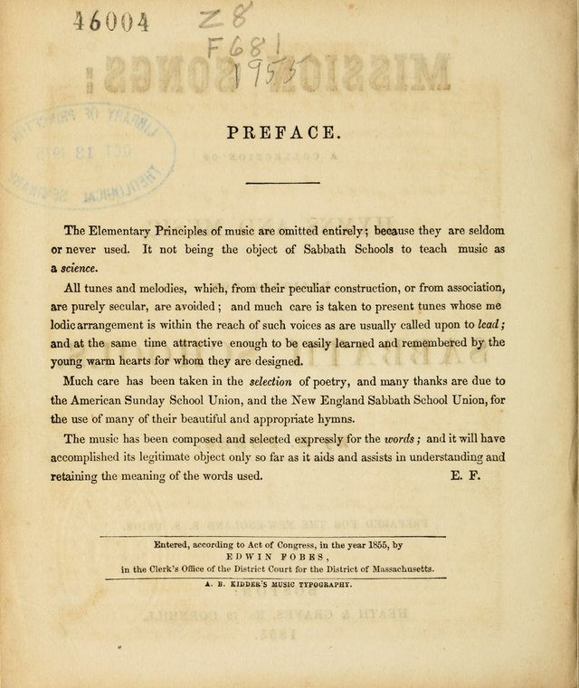 Mission Songs: a collection of hymns and music, designed for Sabbath schools page vi