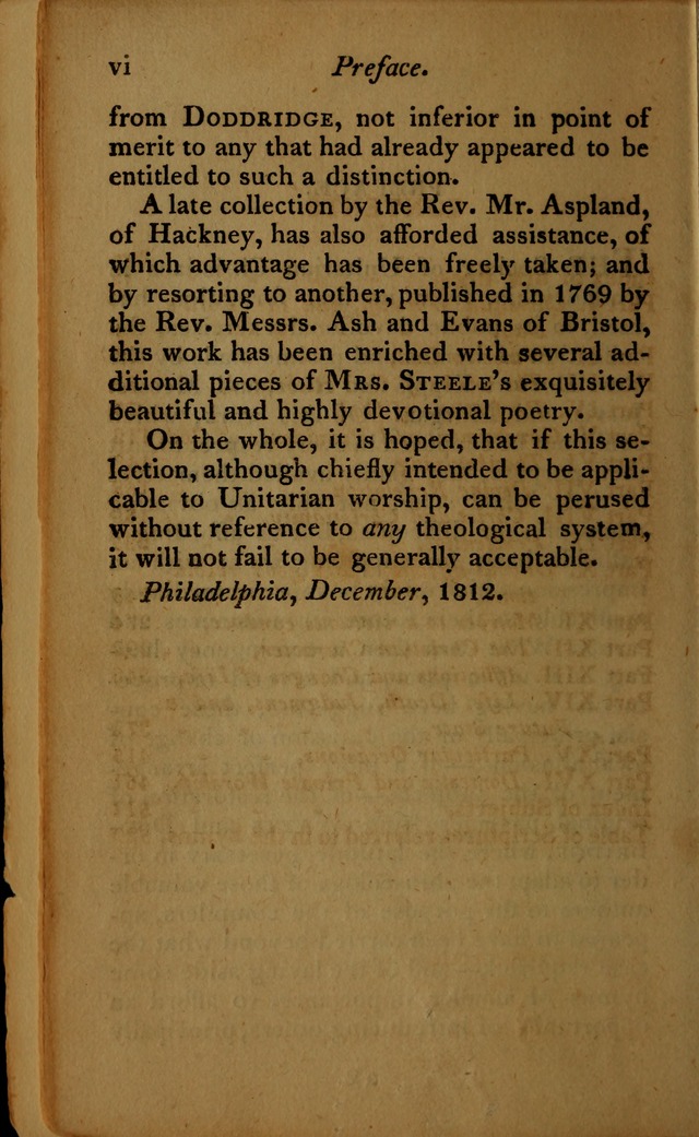 A Selection of Sacred Poetry: consisting of psalms and hymns, from Watts, Doddridge, Merrick, Scott, Cowper, Barbauld, Steele ...compiled for  the use of the Unitarian Church in Philadelphia page x