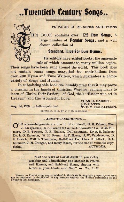 Twentieth (20th) Century Songs Part One page iii